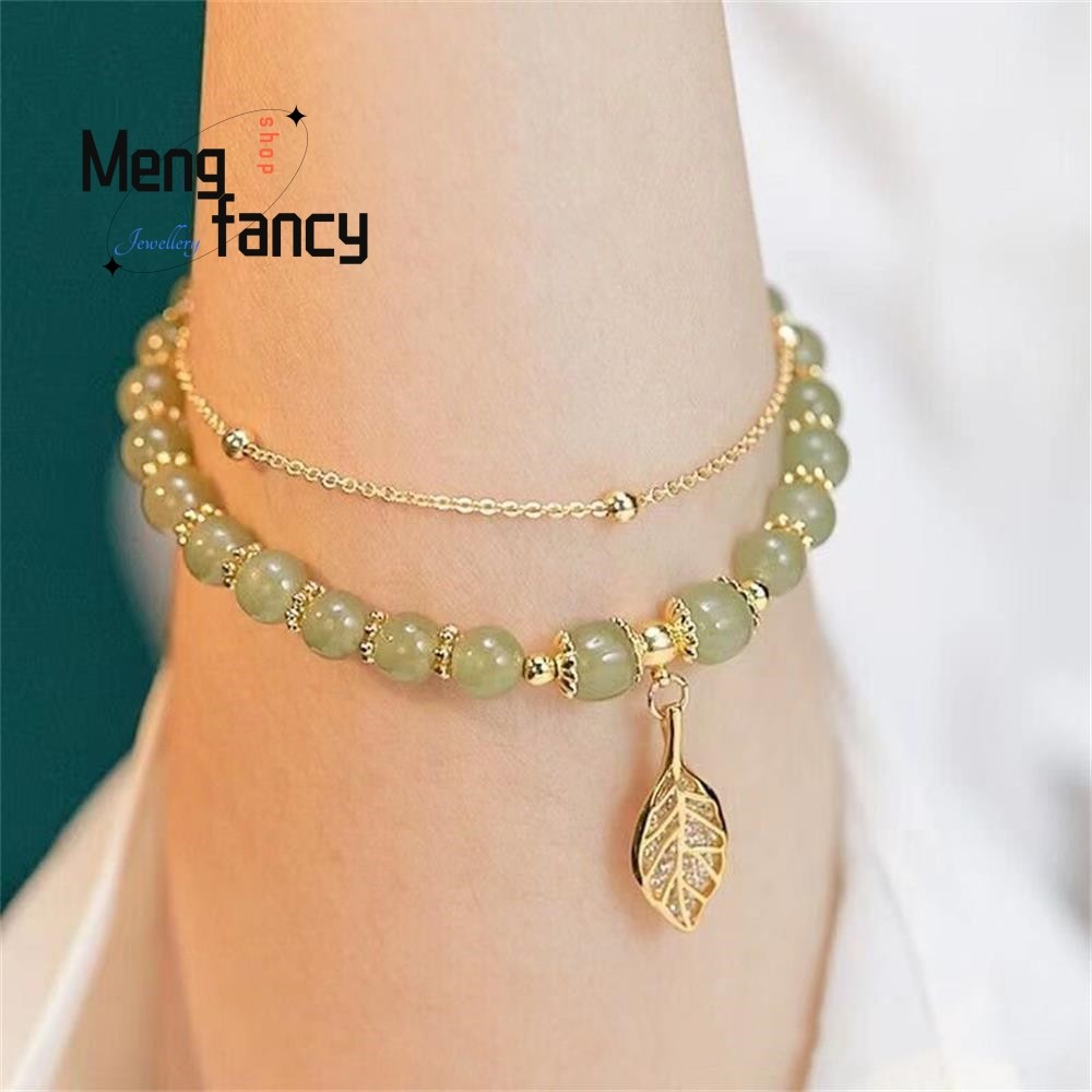 Natural Hetian Jasper Bracelet  Golden Branch & Jade Leaves Charm