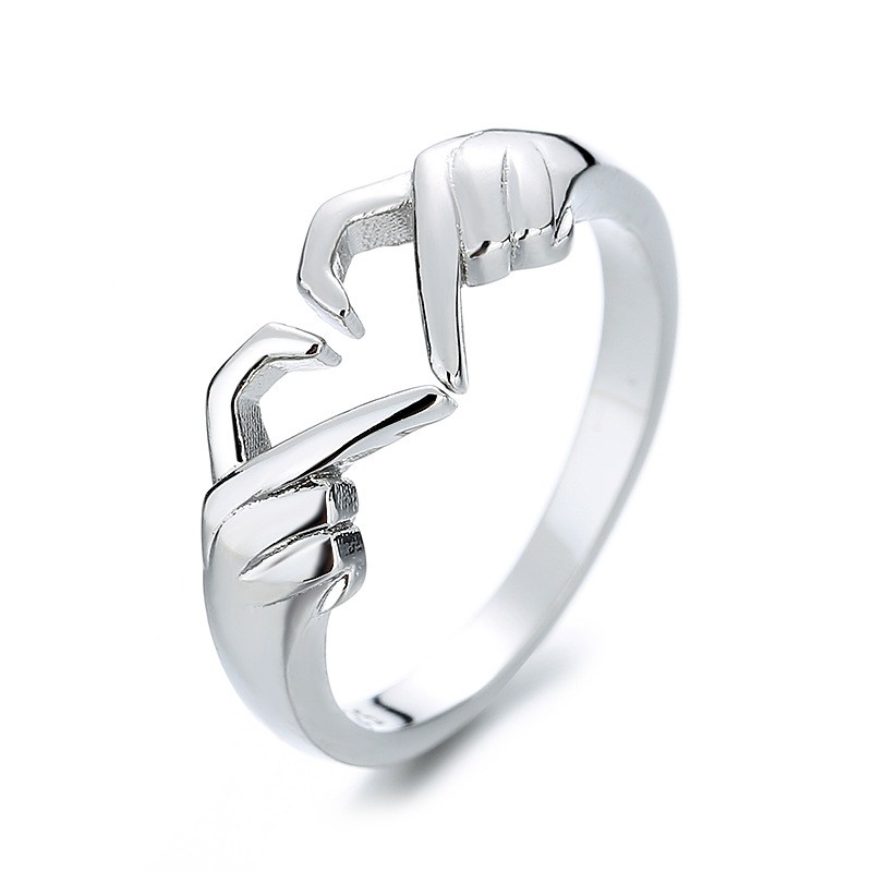 Romantic Heart & Hand Couple Ring Silver Adjustable Open Ring for Lovers