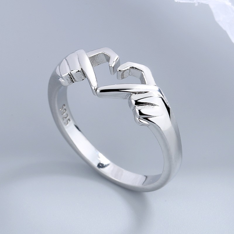 Romantic Heart & Hand Couple Ring Silver Adjustable Open Ring for Lovers