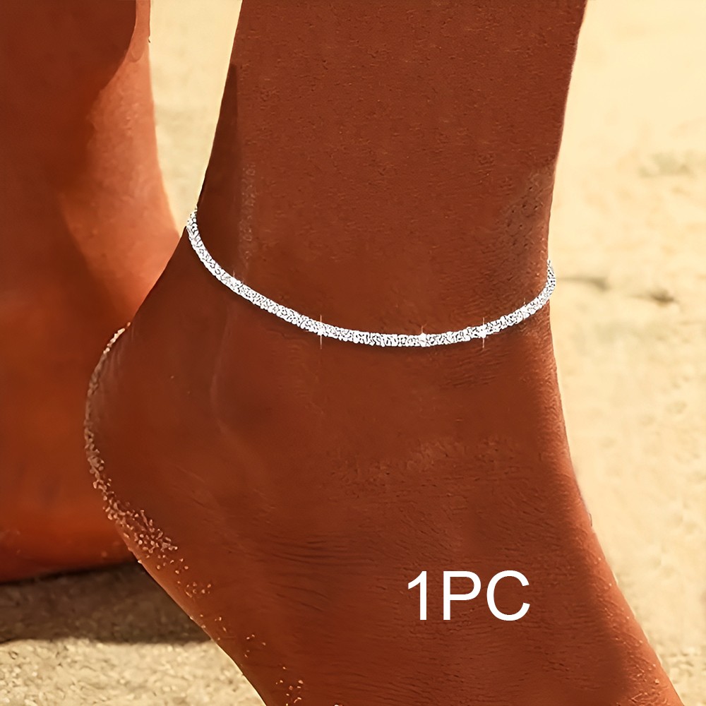 2PCS Sparkling Silver Anklet Set Elegant Copper Ankle Bracelets for Women