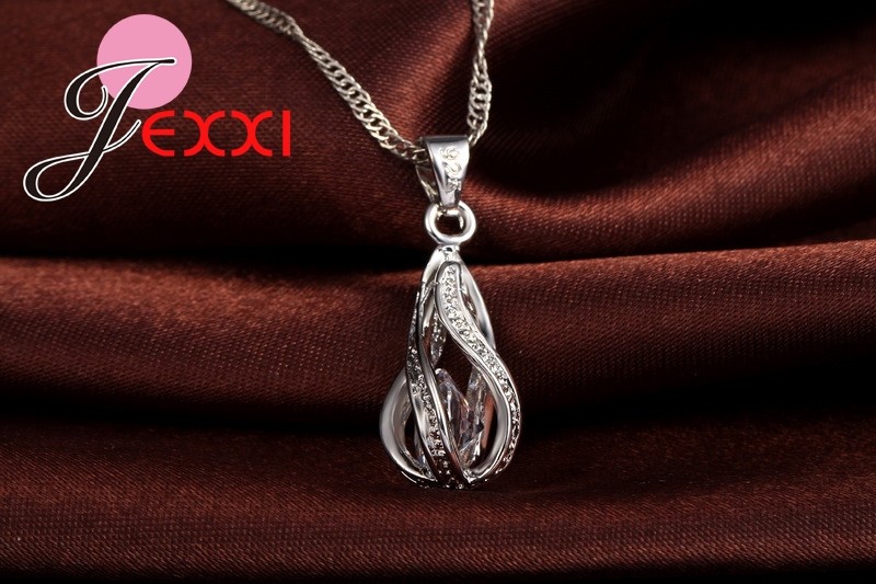Water Drop CZ Sterling Silver Jewelry Set Pendant Necklace & Hoop Earrings for Women