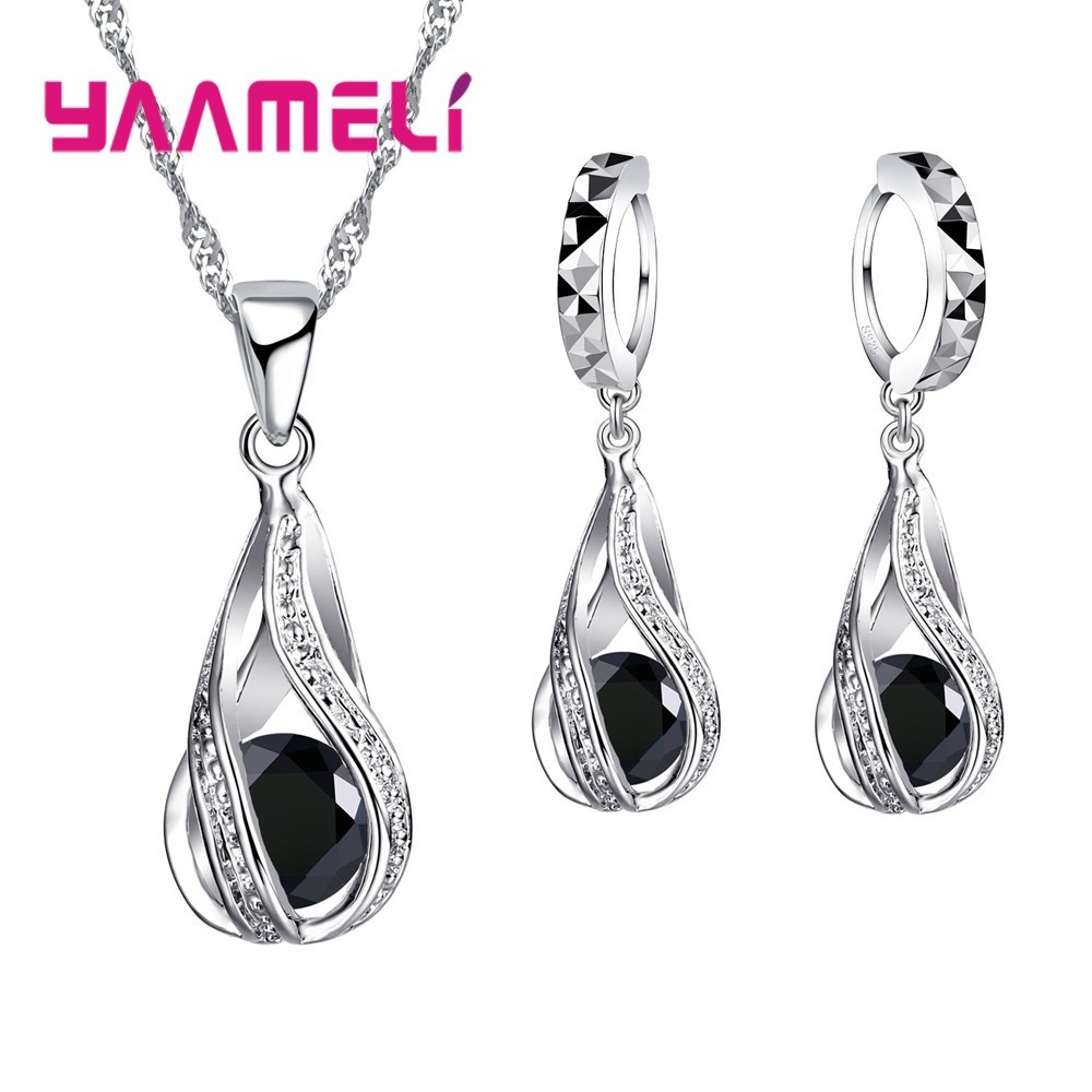 Water Drop CZ Sterling Silver Jewelry Set Pendant Necklace & Hoop Earrings for Women