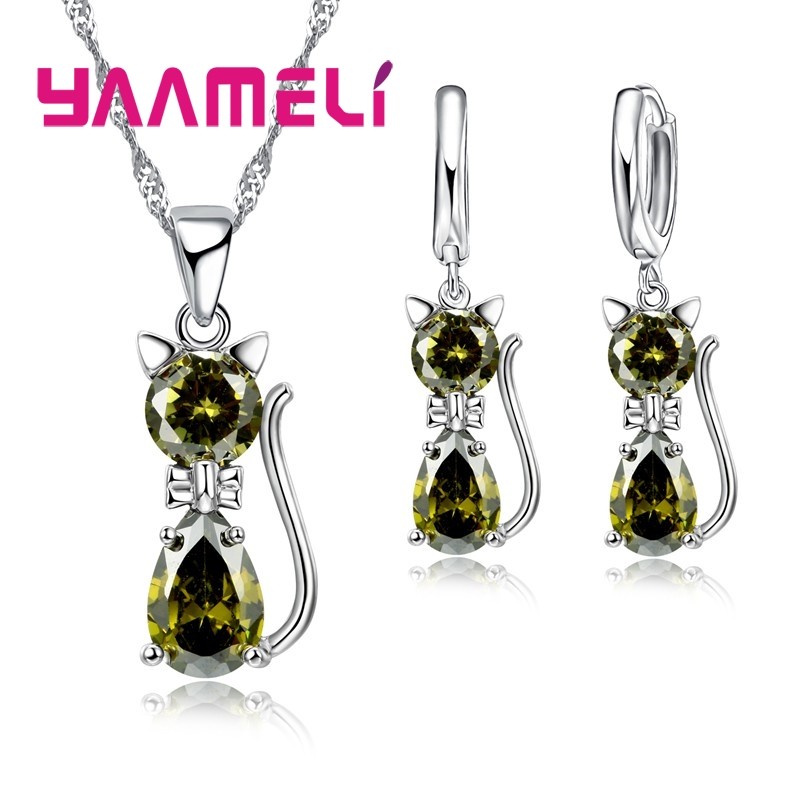 925 Sterling Silver Cat Jewelry Set Austrian Crystal Necklace & Huggie Earrings for Women & Girls