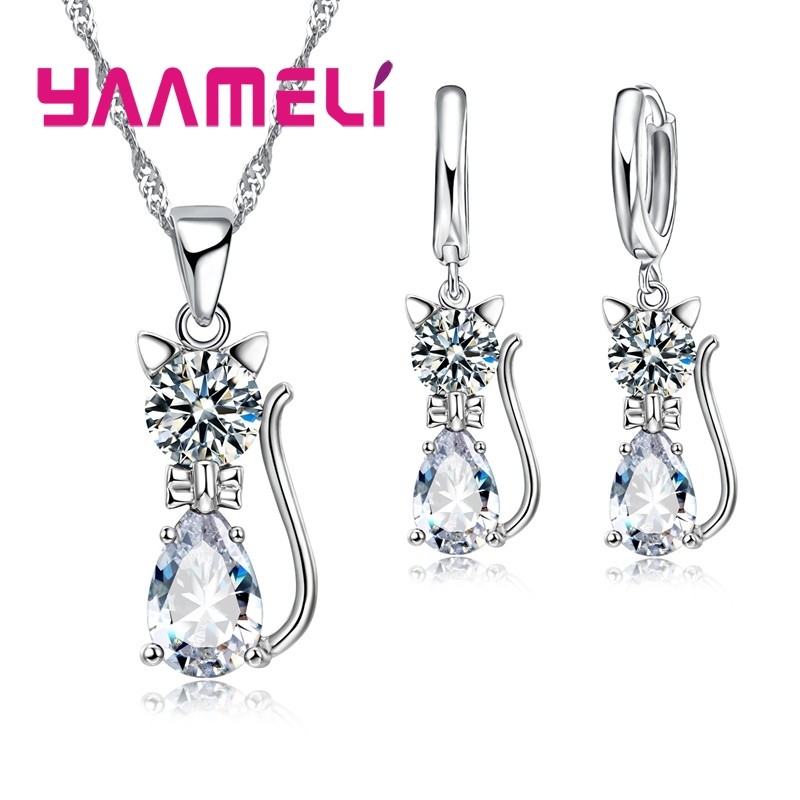 925 Sterling Silver Cat Jewelry Set Austrian Crystal Necklace & Huggie Earrings for Women & Girls