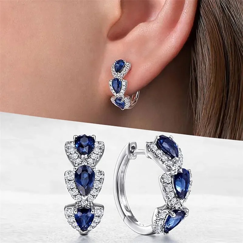 Huitan Luxury Blue CZ Hoop Earrings Elegant Wedding & Party Jewelry for Women