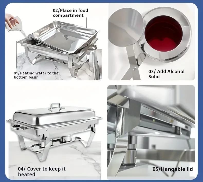 Aluminum Chafing Dish Set - Stainless Steel Rectangular Buffet Stove for Catering, Banquet, Restaurant, Party Food Warmer - Foldable Frame, Commercial Grade, Dual Tray, Lid Included - No Power Needed