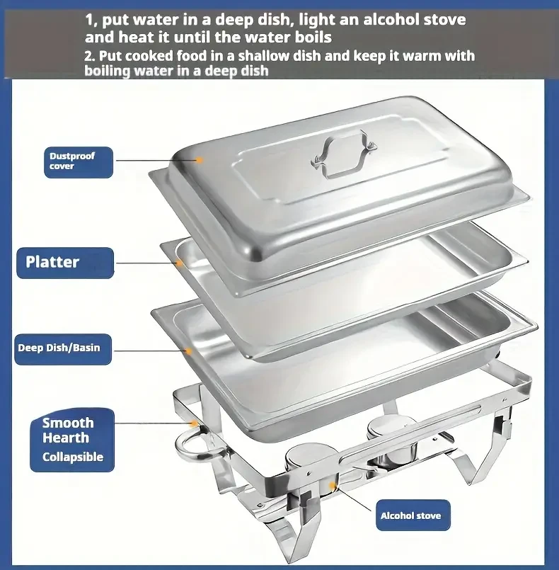 Aluminum Chafing Dish Set - Stainless Steel Rectangular Buffet Stove for Catering, Banquet, Restaurant, Party Food Warmer - Foldable Frame, Commercial Grade, Dual Tray, Lid Included - No Power Needed