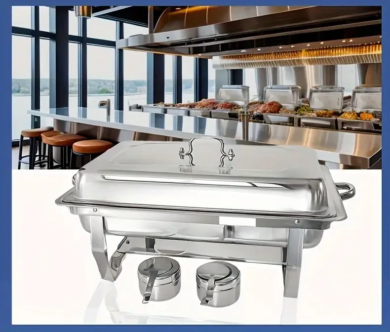 Aluminum Chafing Dish Set - Stainless Steel Rectangular Buffet Stove for Catering, Banquet, Restaurant, Party Food Warmer - Foldable Frame, Commercial Grade, Dual Tray, Lid Included - No Power Needed