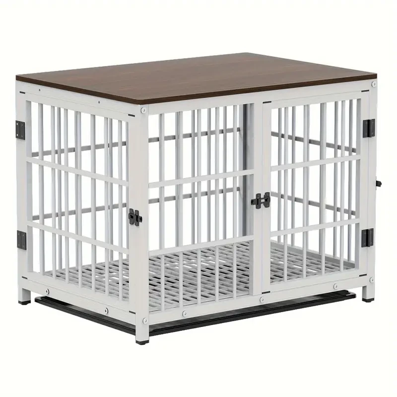 Wisfor Heavy Duty Furniture-Style Dog Crate, Iron Pet Kennel Cage, Durable Wooden Top, with Removable Tray, 3 Lockable Doors, for Medium Dogs