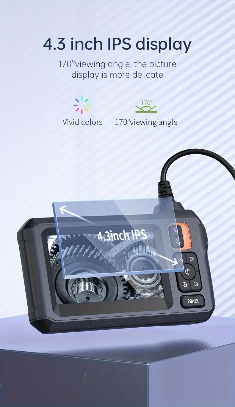 INSKAM 4.3-inch Industrial Endoscope, 8mm HD Digital Inspection Camera, Single Lens, 1/5/10M Line Length, IP67 Waterproof, for Vehicle Maintenance, Machine Inspection, Carbon Deposit Check, Blockage Removal, Battery/USB Power, 36V Max Voltage, 2000mAh Rec