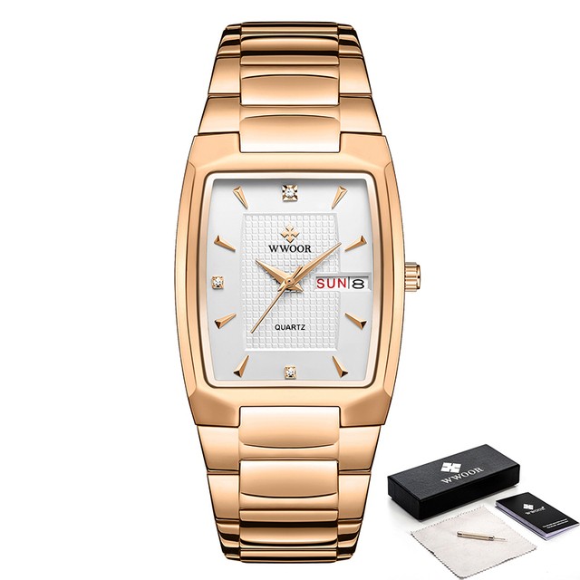 WWOOR 2024 Mens Square Watch Luxury Gold Stainless Steel Quartz Wristwatch