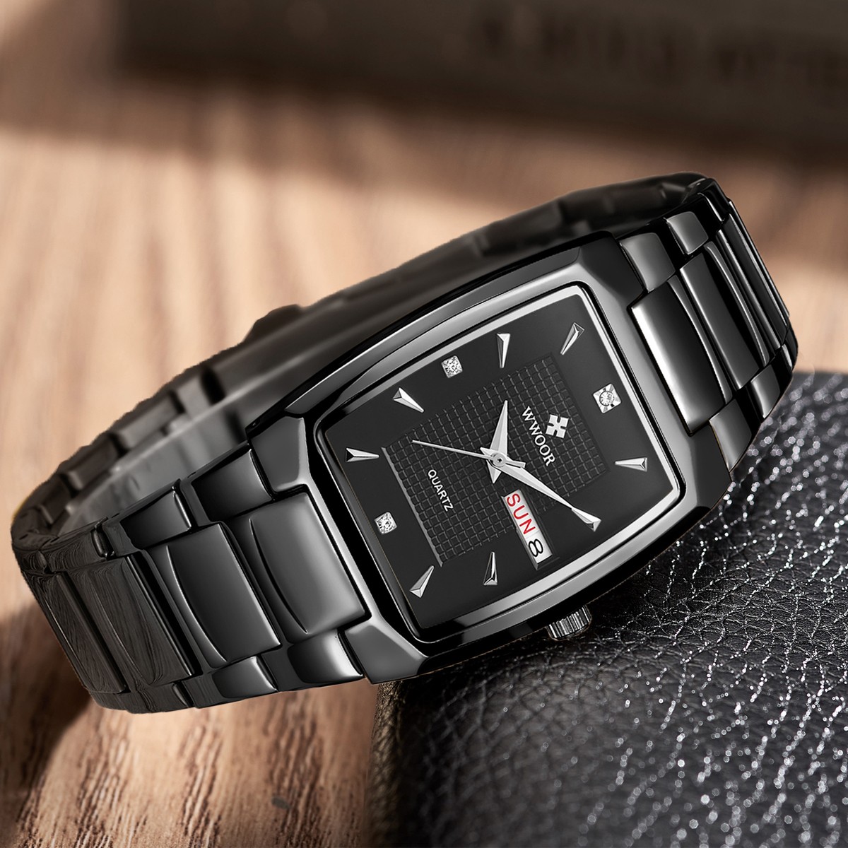 WWOOR 2024 Mens Square Watch  Luxury Gold Stainless Steel Quartz Wristwatch