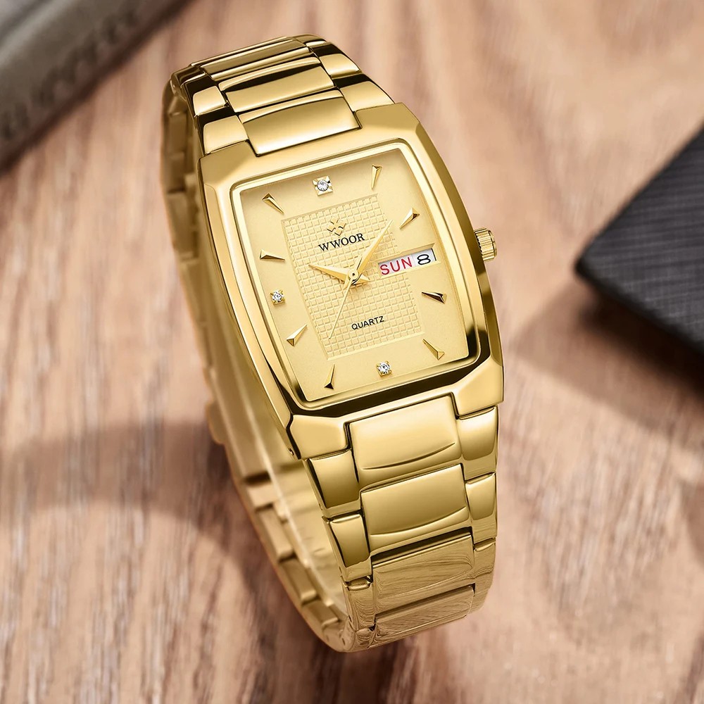WWOOR 2024 Mens Square Watch Luxury Gold Stainless Steel Quartz Wristwatch