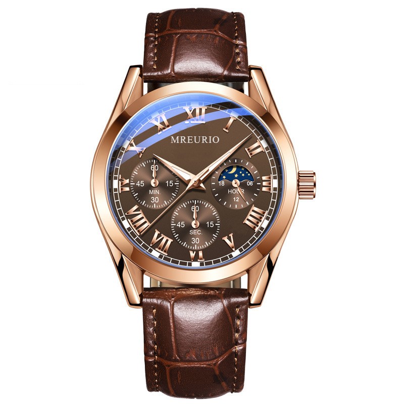 Business Mens Watch Faux Three-Eye Roman Numeral Dial with Leather Strap