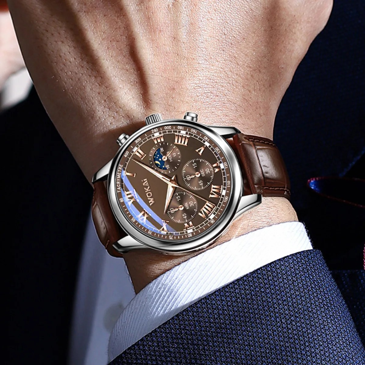 Business Mens Watch Faux Three-Eye Roman Numeral Dial with Leather Strap