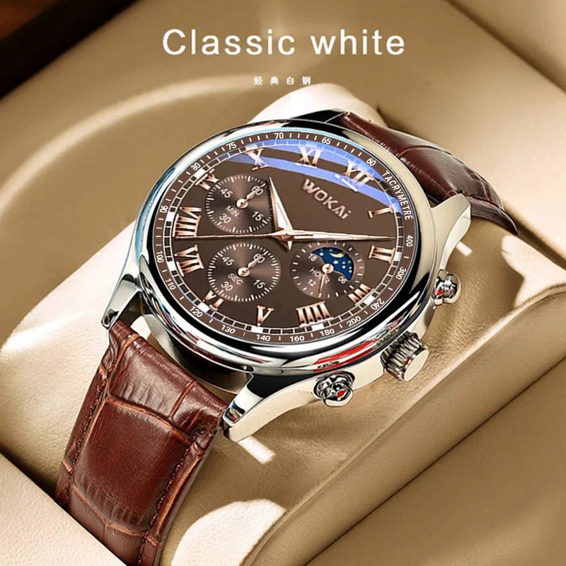 Business Mens Watch Faux Three-Eye Roman Numeral Dial with Leather Strap