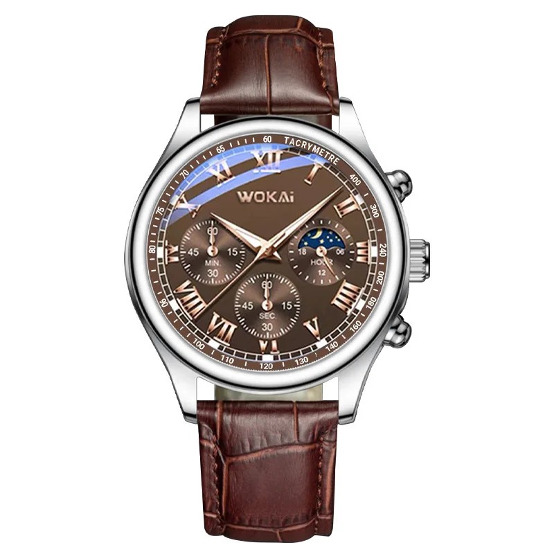 Business Mens Watch Faux Three-Eye Roman Numeral Dial with Leather Strap