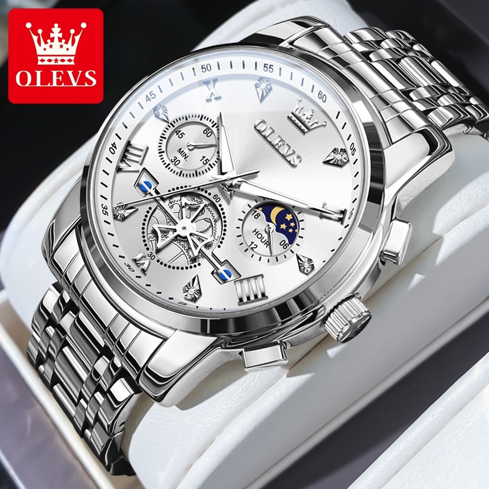 OLEVS Mens Classic Multifunction Quartz Watch Flywheel Chronograph with Moon Phase & 24-Hour Display