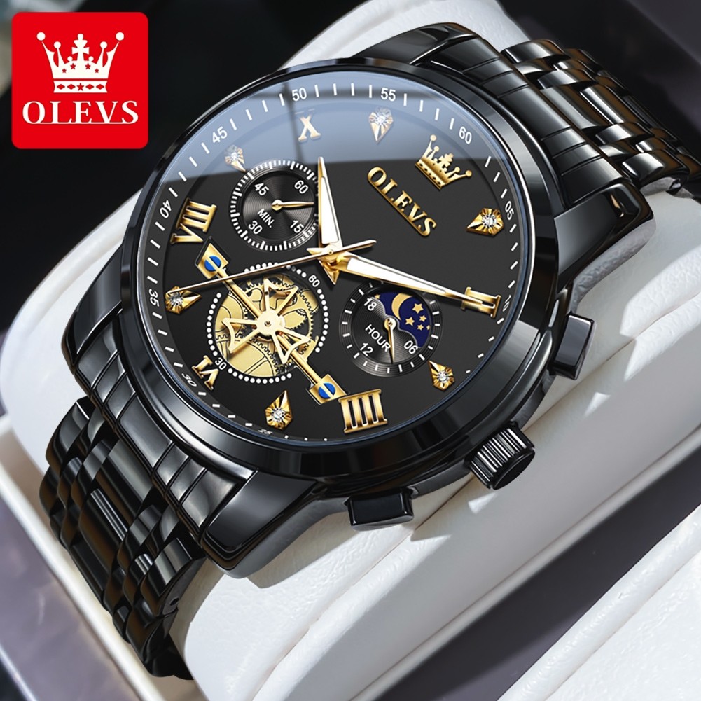 OLEVS Mens Classic Multifunction Quartz Watch Flywheel Chronograph with Moon Phase & 24-Hour Display