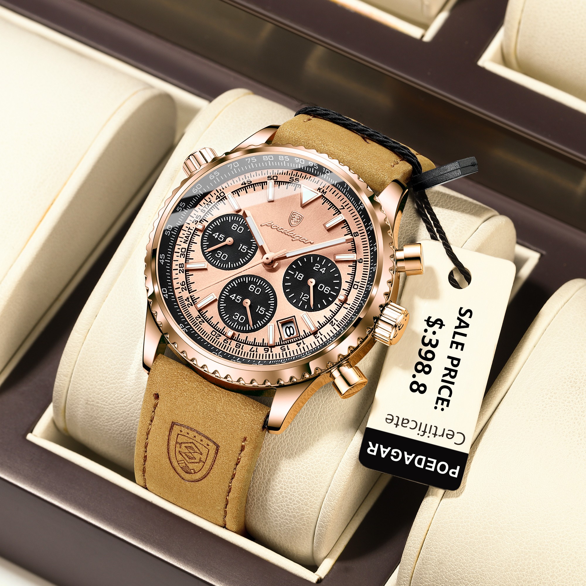 POEDAGAR Luxury Mens Quartz Watch Waterproof Luminous Chronograph with Date & Leather Strap