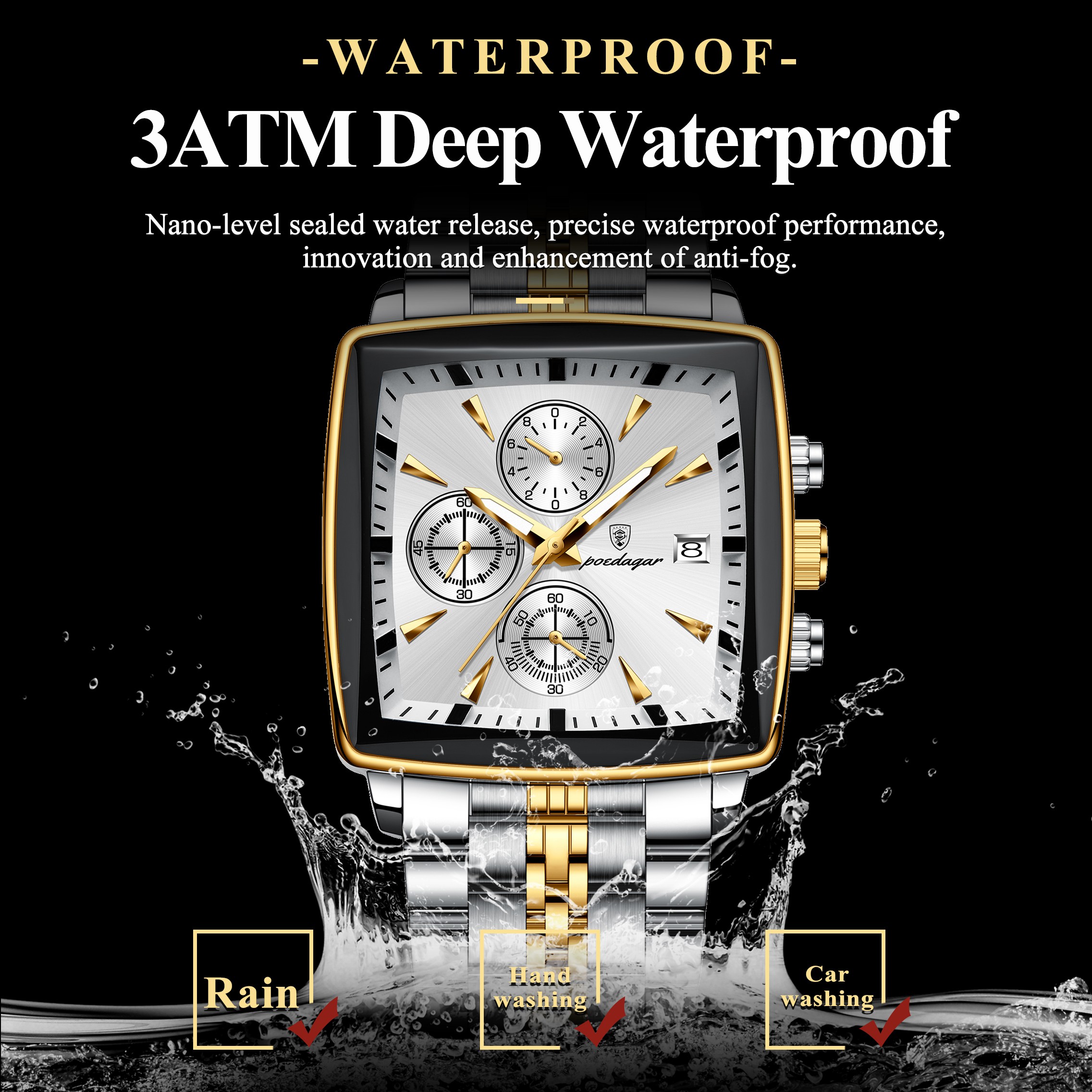 POEDAGAR Luxury Square Mens Sports Watch