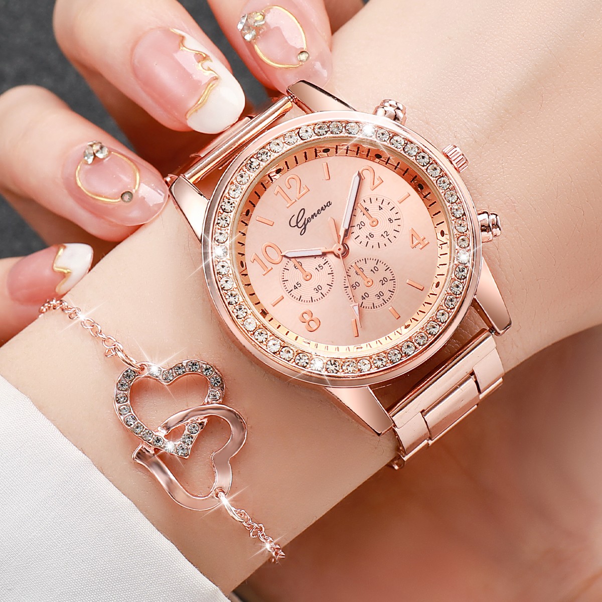 6PCS Women's Fashion Watch & Jewelry Set  Rhinestone Stainless Steel Quartz Watch with Double Heart Design