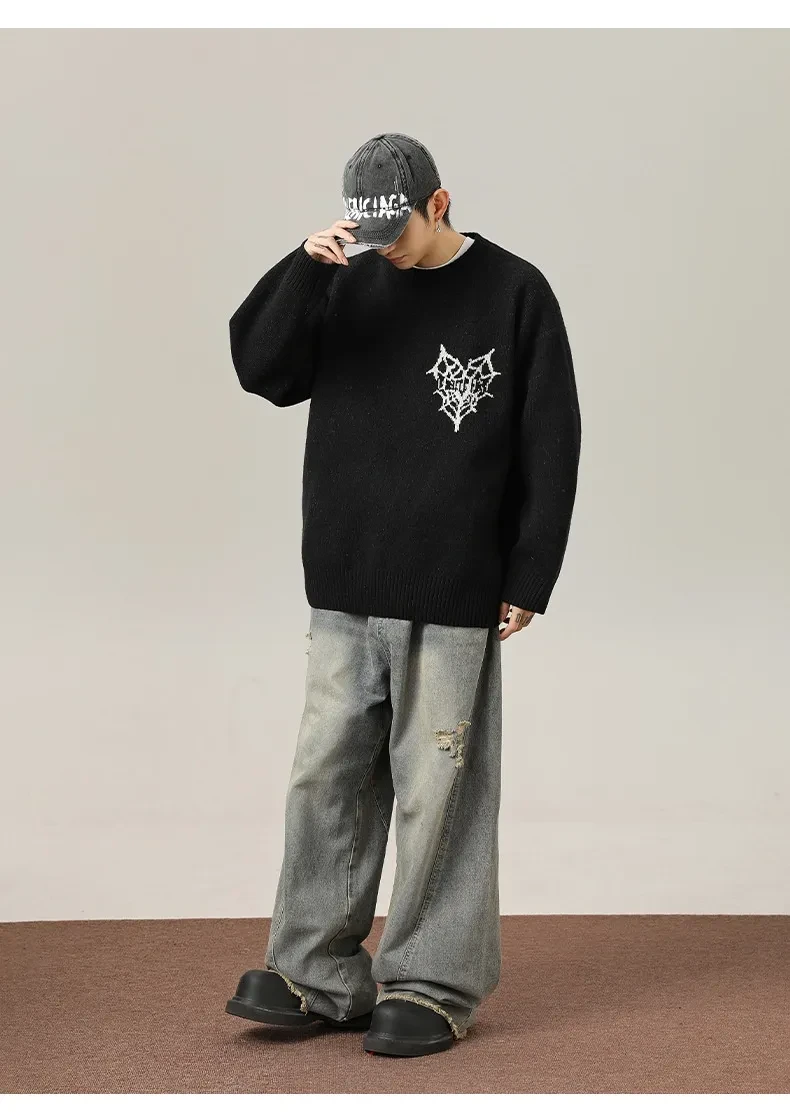 American Retro Hand-painted Jacquard Round Neck Sweater