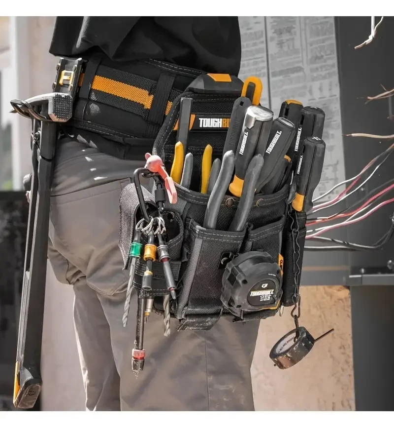 Toughbuilt TB-CT-114 Electrician's Pouch with Shoulder Strap - Durable Polyester, 21-Pocket Tool Organizer with ClipTech Hub & Kickstand Feature