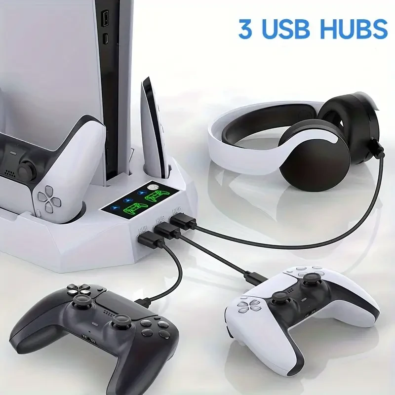 For PS5 Stand And Cooling Station With Dual Controller Charging Station For PS 5 Console, For PS5 Accessories Incl. Controller Charger, Cooling Fan, Headset Holder, 3 USB Hub, Media Slot, Screw White
