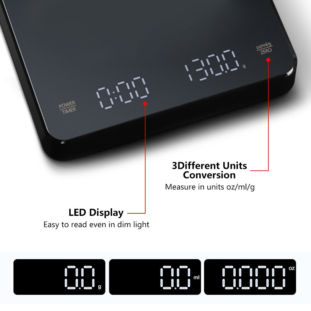Digital Coffee Scale with Timer LED Display, USB Rechargeable