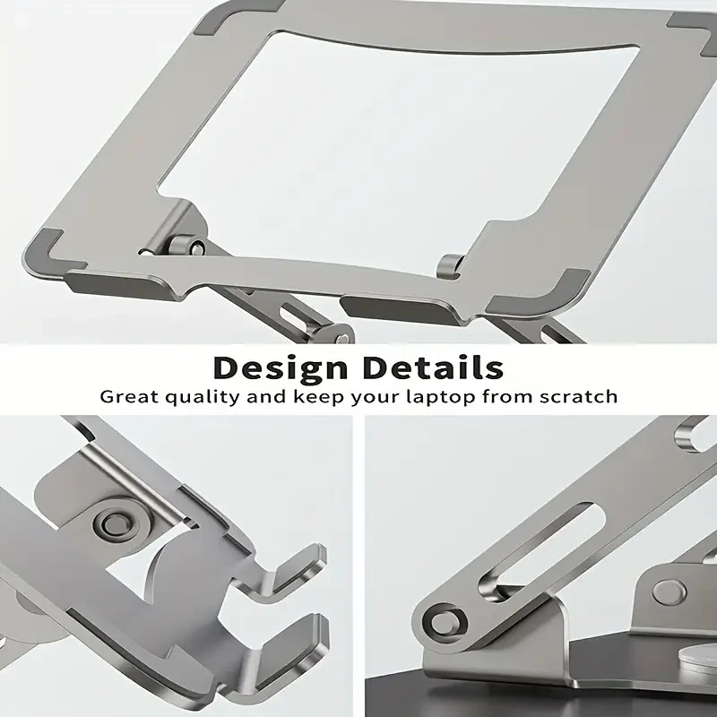 Ergonomic Stainless Steel Laptop Stand with 360 Rotating Base, Adjustable Height & Multi-Angle Folding Design - Fits 25.4-39.62cm Notebooks - Silvery Gray