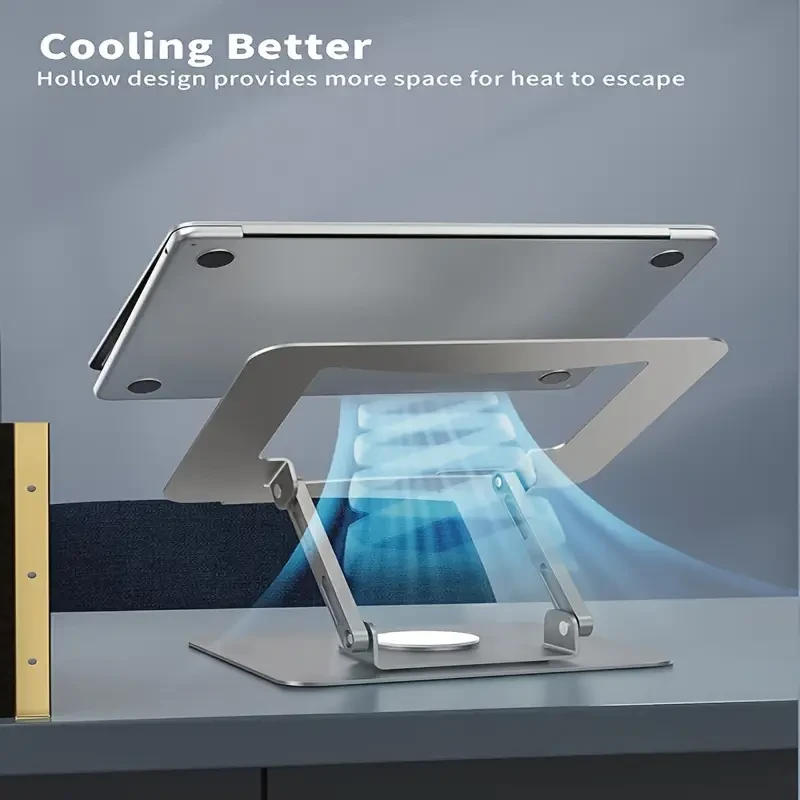Ergonomic Stainless Steel Laptop Stand with 360 Rotating Base, Adjustable Height & Multi-Angle Folding Design - Fits 25.4-39.62cm Notebooks - Silvery Gray