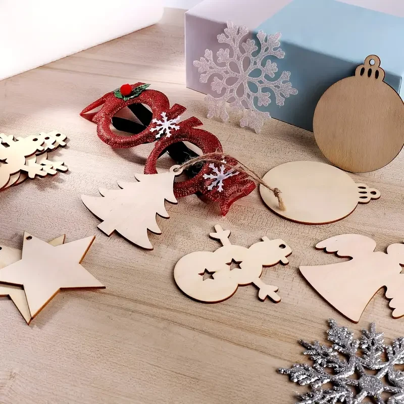 60pcs DIY Wooden Christmas Ornaments, Xmas Tree Hanging Wood DIY Art Crafts