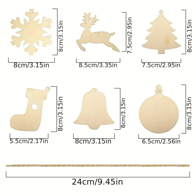 60pcs DIY Wooden Christmas Ornaments, Xmas Tree Hanging Wood DIY Art Crafts