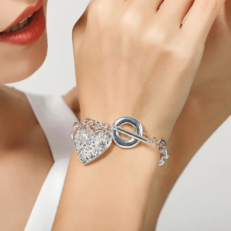 Buckle Mesh Heart Photo Frame Pendant Bracelet
