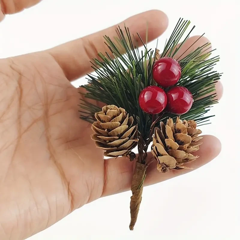 24PCS Artificial Pine Picks with Red Berries and Pinecones, Americana Style Faux Pine Needle Sprigs, Plastic Christmas Craft Greens for DIY Wreaths, Seasonal Decor Without Electricity, Featherless