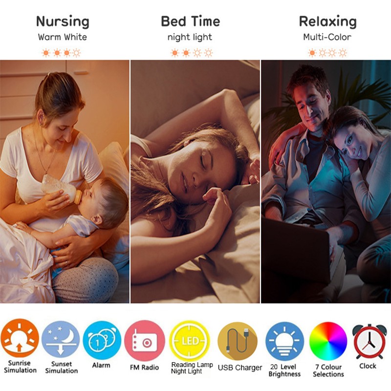 Wake Up Light Alarm Clock  Sunrise/Sunset Simulation, Dual Alarms, FM Radio, Nightlight with 7 Colors