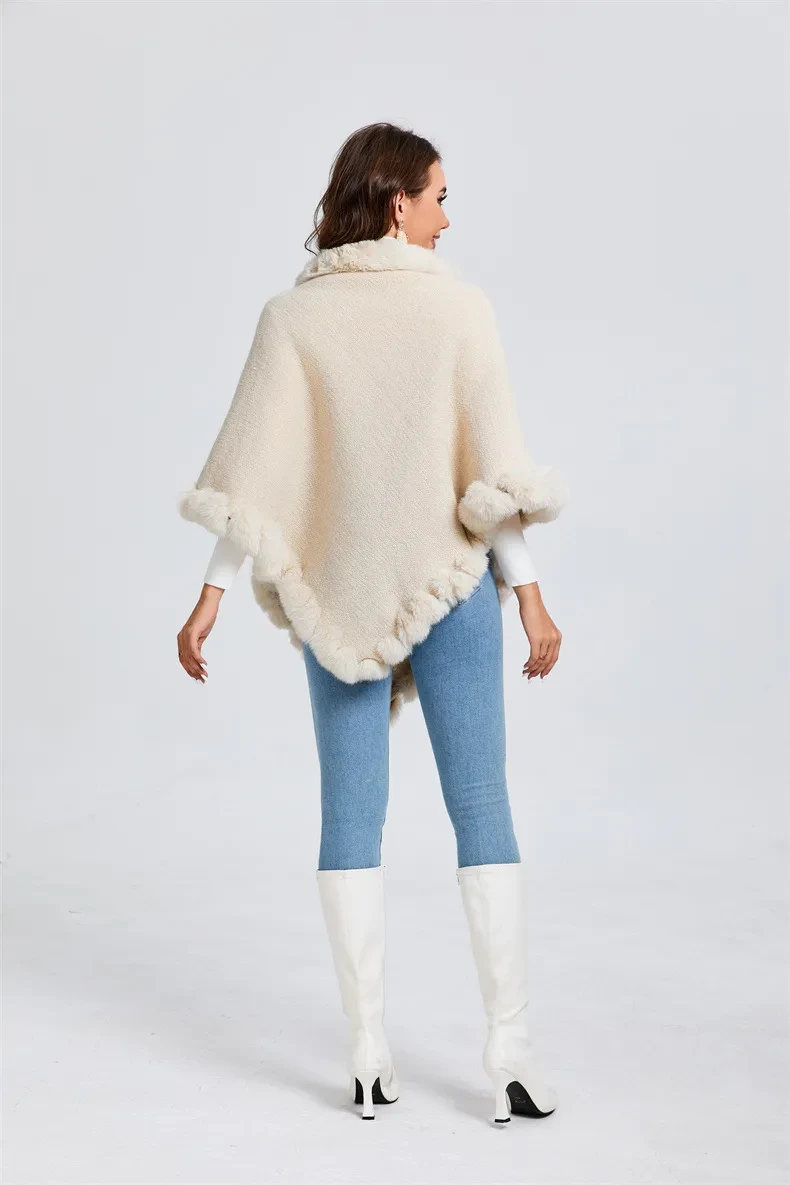 Rex Rabbit Fur Collar Shawl Cape Luxury Fur Cape Wraps Shawl Autumn Winter Fashion Graceful Cloak Outerwear Women Party Wedding Dress