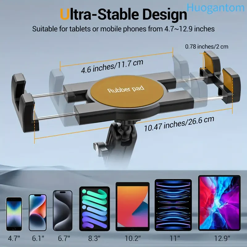 Huogantom Aluminum Alloy Tablet Mount with Heavy-Duty Drill Base, 360 Adjustable Holder for 11.94-32.77 cm Tablets and Phones