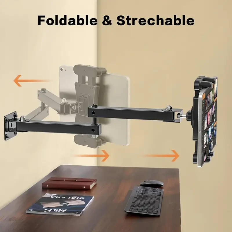 Aluminum Alloy Tablet Wall Mount Stand with 360 Rotating Adjustable Arm, Sturdy Metal Base, Clip Holder, Compatible with 11.94-34.29 cm Tablets & Smartphones