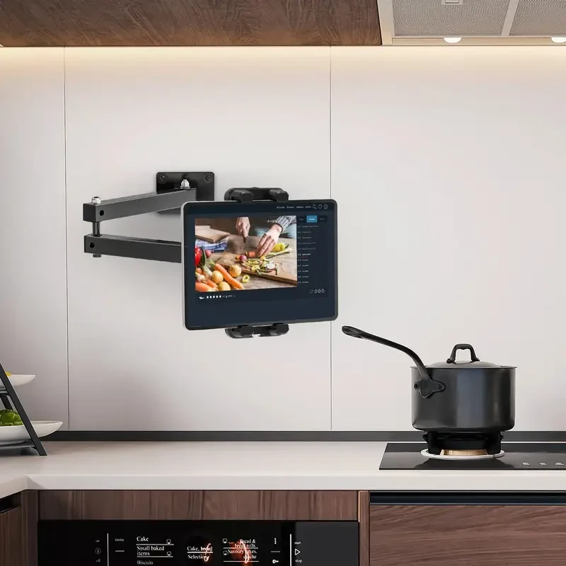 Aluminum Alloy Tablet Wall Mount Stand with 360 Rotating Adjustable Arm, Sturdy Metal Base, Clip Holder, Compatible with 11.94-34.29 cm Tablets & Smartphones