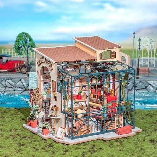 ROBOTIME Rolife DIY Miniature House Kit Emily's Flower Shop, Tiny House Kit For Adults To Build, Mini House Making Kit With Furniture, Halloween Christmas Decorations Gifts DG145