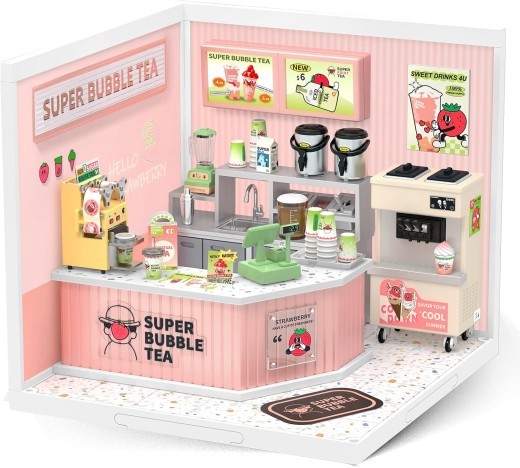 ROBOTIME DIY Miniature Dollhouse Kits Super Creator Double Joy Bubble Tea DW006