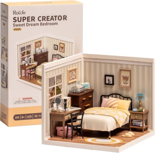 ROBOTIME Rolife Sweet Dream Bedroom Miniature House Kits Super World Dolls House Model Kits With Furniture And Accessories Christmas Dollhouse For Girls Craft Kits For Adults DW009