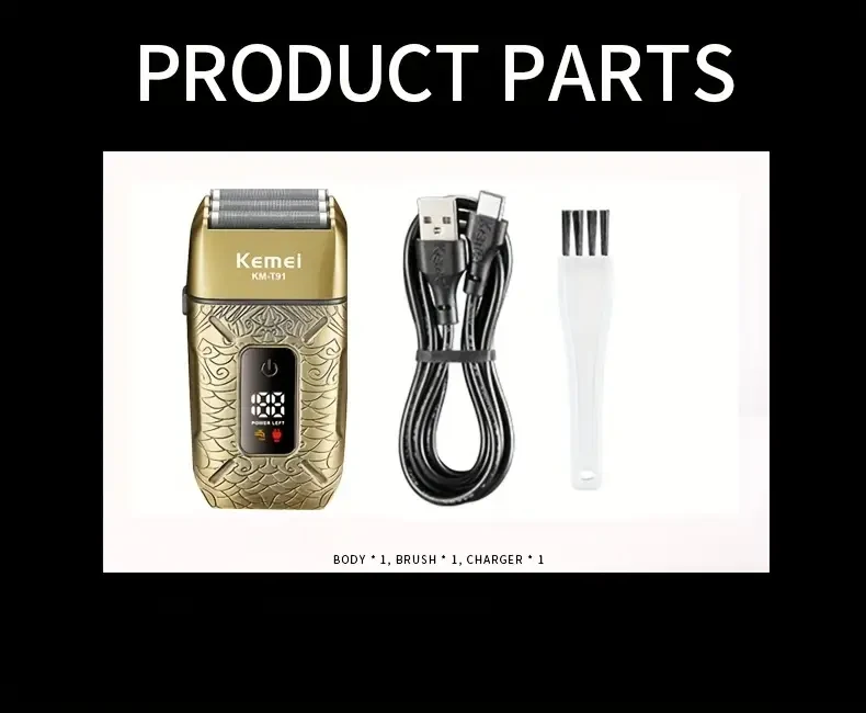 Kemei KM-T91 Reciprocating Electric Shaver with LCD Display, 3D Floating Blade, Stainless Steel Heads - USB Rechargeable, Waterless Cleaning