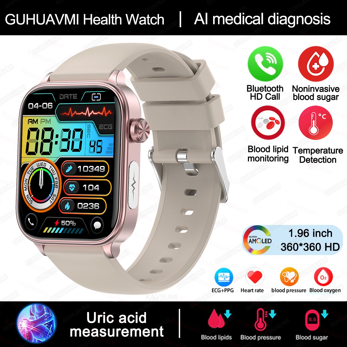 2024 AI Medical Diagnosis Smart Watch Blood Lipids, Uric Acid, Blood Glucose Monitoring with ECG+PPG, Bluetooth Calls, and Health Tracking