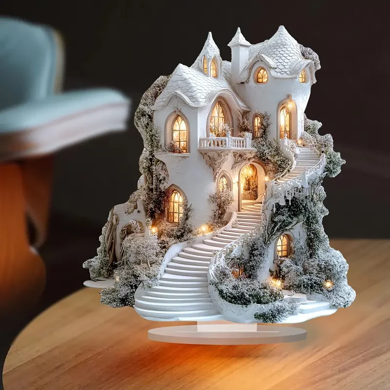 Charming White Winter Snow House Acrylic Tabletop Decor