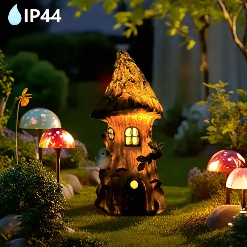 XXOASIS Solar Powered Resin Bird Treehouse Statue Light