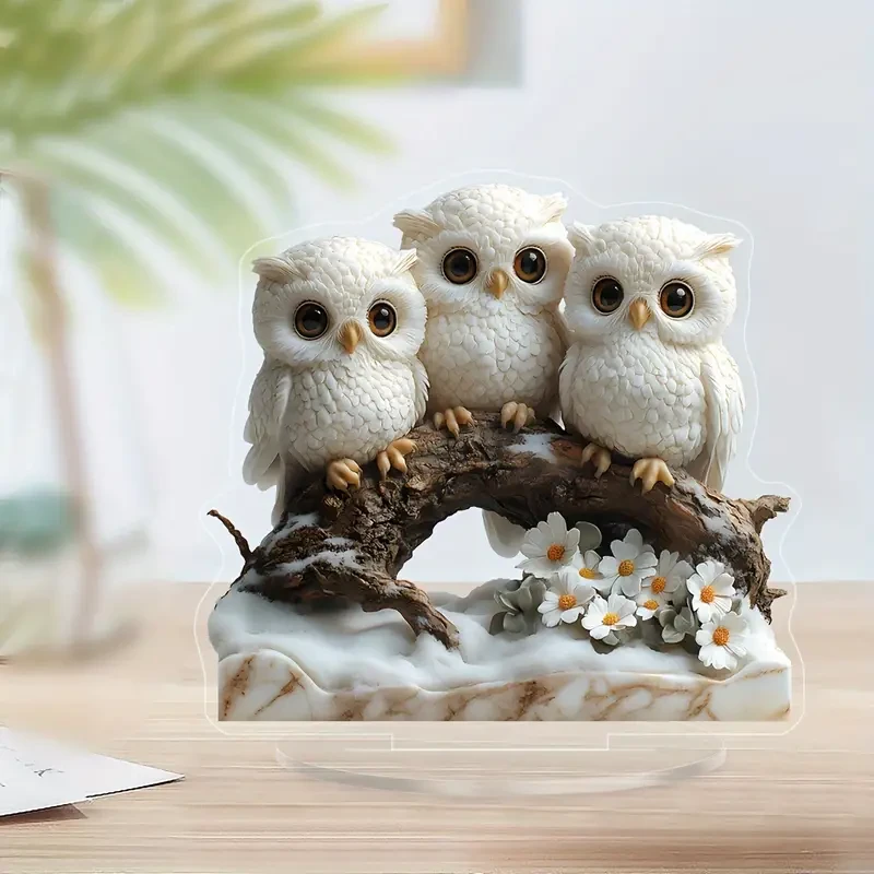 Boho Style Owl Figurine Ornaments - 1pc Acrylic Owl Family on Tree Branch