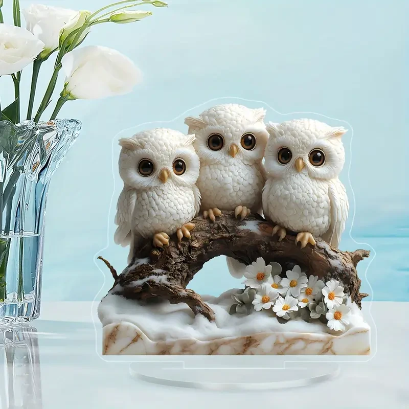 Boho Style Owl Figurine Ornaments - 1pc Acrylic Owl Family on Tree Branch
